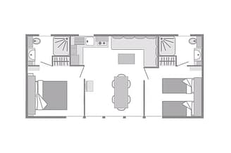 Camping Les Mouettes - Hébergements - Cottage Gardenia 4 fleurs, 4 personnes, 2 chambres, 2 salles de bain - plan