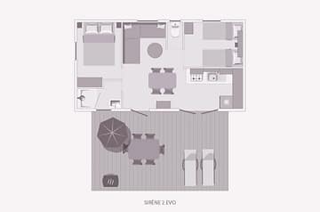 Camping la Sirène - Accommodaties - Sirène 2 - 4 personen - 2 slaapkamers - Plattegrond