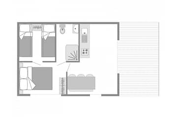 Camping Les Mouettes - Hébergements - Tente Glamping Natura, 4 fleurs, 6 personnes, 2 chambres, 1 salle de bain - plan